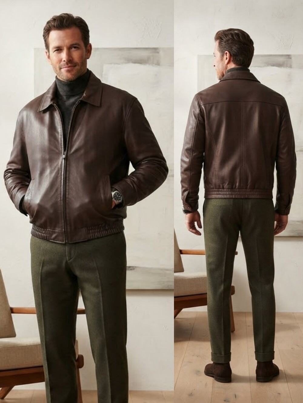Retreat L Espresso Brown Vintage 90s Leather Bomber Jacket Rugged Minimalist